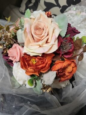 Silk Floral Bouquet - Peach, Orange & Burgundy Roses